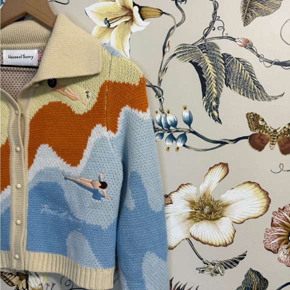 House of Sunny Souvenir Cardigan Sweater Ivory Blue Multi Size 4 - Picture 10 of 15